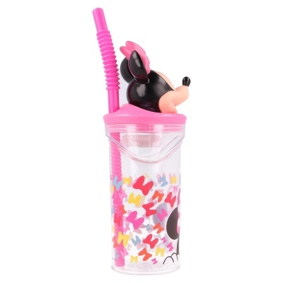 Copo transparente com tampa rosa e figura da Minnie Mouse