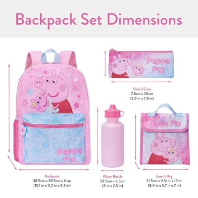 Conjunto de mochila e acessórios infantis rosa e azul com desenhos da Peppa Pig e medidas indicadas.