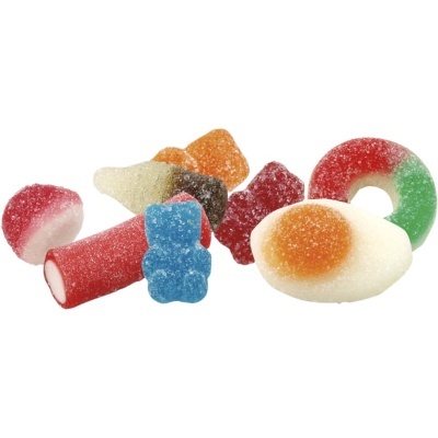 Mistura colorida de gomas açucaradas com várias formas como anel, ovo frito e urso