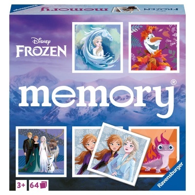 Caixa do jogo de cartas Memory Disney Frozen com várias personagens num fundo roxo e azul