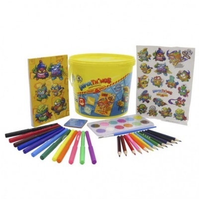 Kit de artes com balde amarelo, lápis, canetas, tinta de aguarela e autocolantes