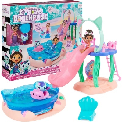 Brinquedo casa de bonecas com escorrega rosa e piscina azul