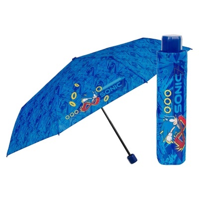 Guarda-chuva dobrável azul com design do Sonic e estojo correspondente