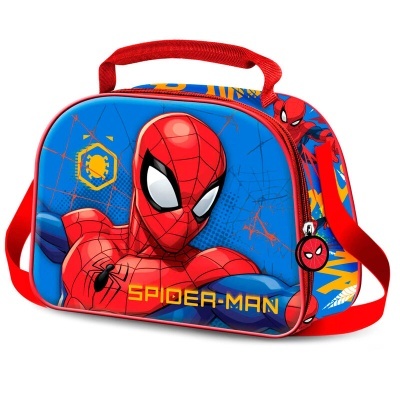 Mala infantil vermelha e azul com imagem do Spider-Man e texto SPIDER-MAN