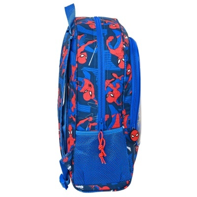 Mochila azul com padrão do Homem-Aranha e bolso lateral em rede azul