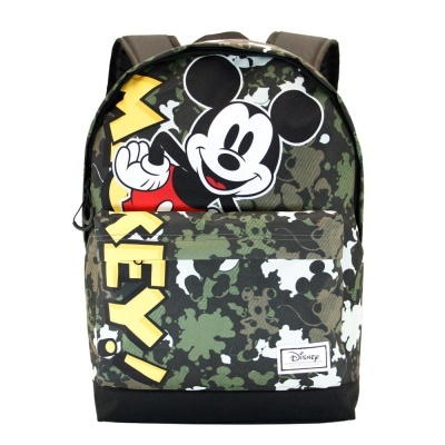 Mochila camuflada com estampa do Mickey Mouse e texto amarelo