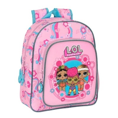 Mochila rosa infantil com personagens L.O.L. Surprise e flores azuis e rosas