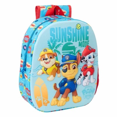 Mochila azul infantil com personagens da Paw Patrol e texto 'SUNSHINE MODE'.