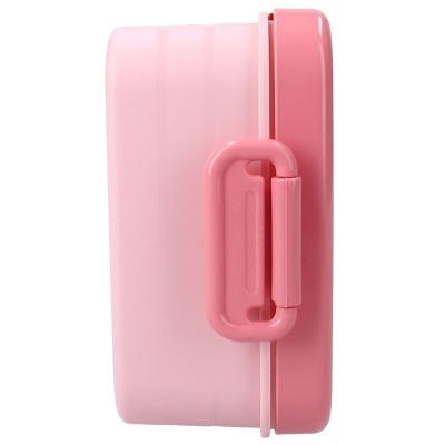 Estojo rosa de plástico com alça e fecho na lateral