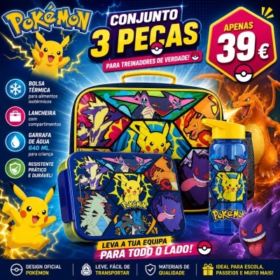 Conjunto Pokémon 3 peças bolsa térmica, lancheira e garrafa azul com personagens desenhos coloridos