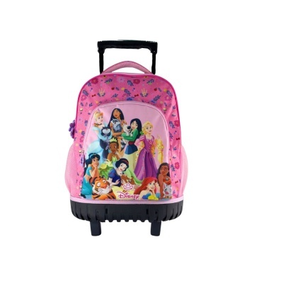 Mochila de rodinhas rosa com estampado das Princesas Disney e alça extensível preta