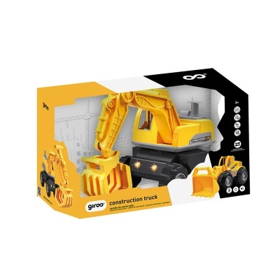 Brinquedo de camião de construção amarelo em caixa colorida