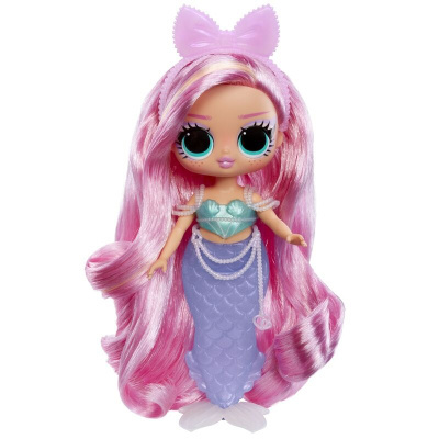 Boneca sereia com cabelo rosa, roupa de topo e cauda lilás