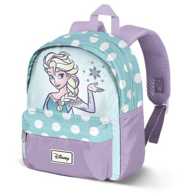 Mochila infantil azul e lilás com estampa da Elsa da Disney e padrão de bolinhas brancas