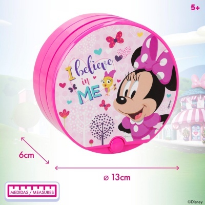 Caixa redonda rosa com Minnie Mouse e texto inspirador.
