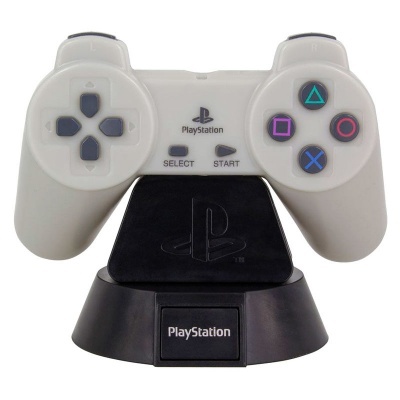 Comando branco PlayStation sobre base preta com logótipo e texto PlayStation