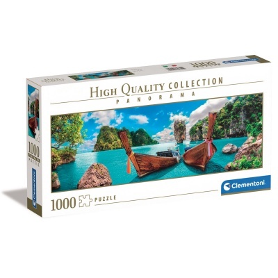 Caixa de puzzle Clementoni 1000 peças com imagem panorâmica de barco e paisagem natural
