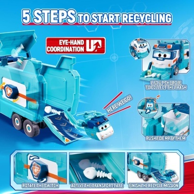 Brinquedo camião de lixo azul claro com instruções para reciclagem