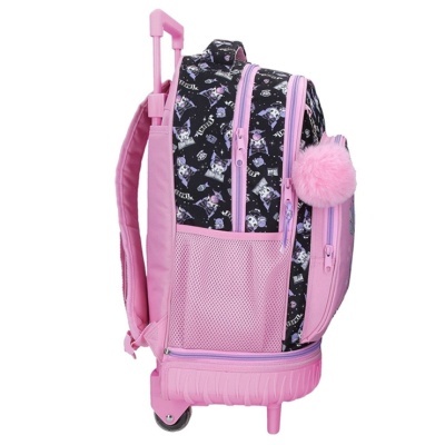 Mala escolar de rodinhas rosa com padrão de raposas e pompom cor-de-rosa