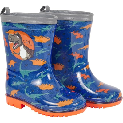 Botas de chuva infantis azuis com estampado de dinossauros e texto 'COOL RIDER'.