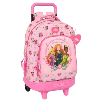 Mochila de rodas rosa Disney Princess com personagens e texto
