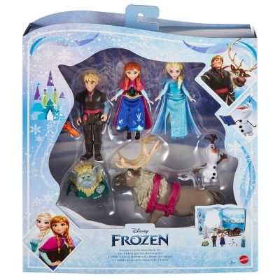 Conjunto de figuras da Disney Frozen com seis personagens em caixa azul