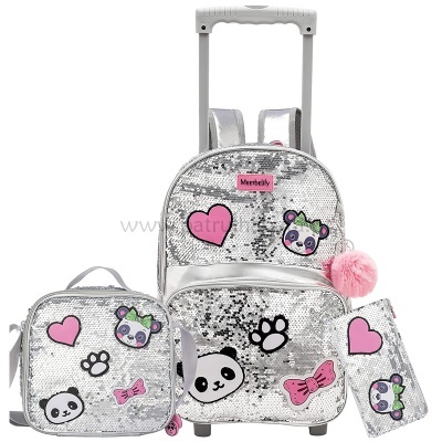 Conjunto de malas infantis prateadas com desenhos de panda, corações e acessórios em rosa