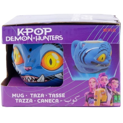 Caneca azul com rosto de gato em caixa roxa K-POP DEMON HUNTERS NETFLIX