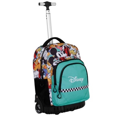 Mochila de rodinhas colorida Disney com personagens e bolso verde água