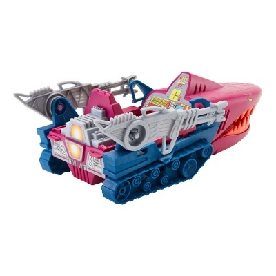 Brinquedo veículo tanque com características de tubarão azul e rosa