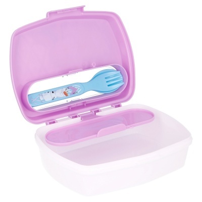 Marmita branca com tampa rosa e talher azul com personagens