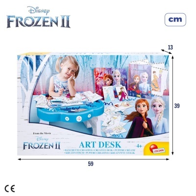 Mesa de atividades azul com tema Frozen II e personagens Anna e Elsa