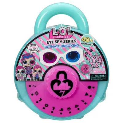 Mala de brinquedo LOL Surprise azul e rosa com cadeado e personagens desenhados