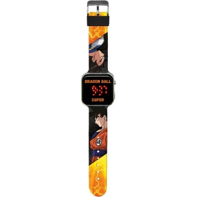 Relógio digital Dragon Ball com bracelete estampada em preto, laranja e amarelo
