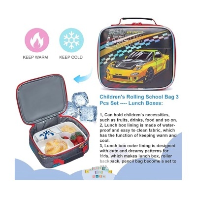 Mala térmica infantil com desenho de carro amarelo e padrão xadrez colorido