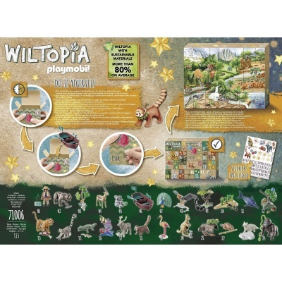 Imagem promocional do jogo de construção Wildtopia Playmobil com peças coloridas e textos em inglês e português