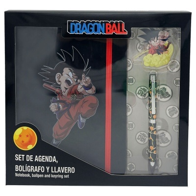 Conjunto Dragon Ball com caderno, caneta e chaveiro em embalagem preta