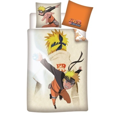 Roupa de cama com design do personagem Naruto em cores laranja, bege e preto.