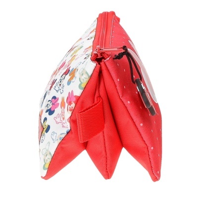 Carteira vermelha com padrões coloridos e fecho com puxador preto