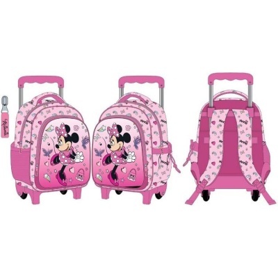 Mochila de rodinhas rosa com estampa da Minnie Mouse e alça retrátil