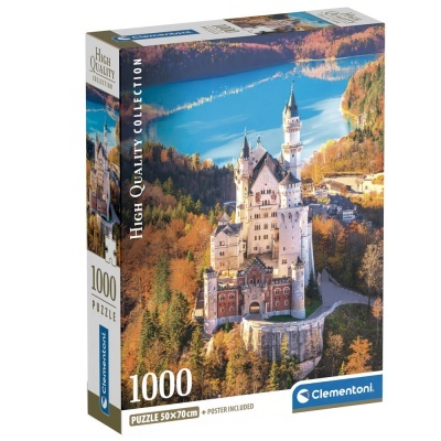 Caixa de puzzle com imagem do castelo Neuschwanstein e árvores de outono