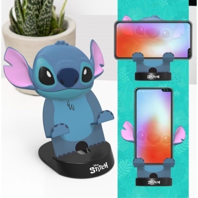 Suporte para smartphone Stitch azul com base preta e texto branco, em ambiente interior
