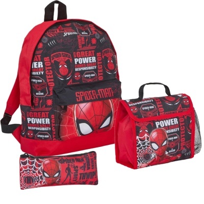 Conjunto mochila, estojo e lancheira Spider-Man vermelho e preto
