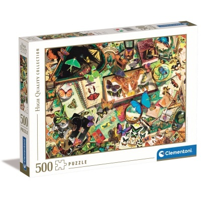 Caixa de puzzle de 500 peças com imagem de borboletas coloridas sobre fundos antigos