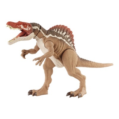 Figura de dinossauro Spinosaurus castanha e vermelha com mordida aberta