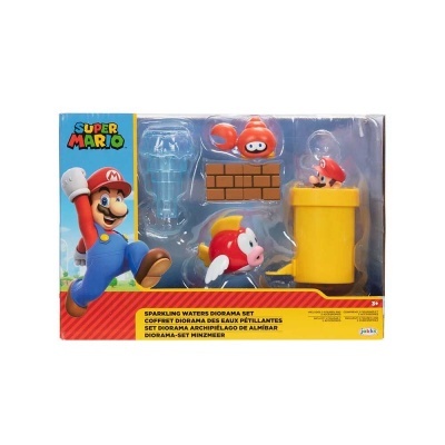 Conjunto de figuras Super Mario em caixa com fundo azul e vermelho