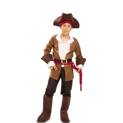 Fato de pirata infantil com chapéu castanho, casaco castanho, camisa branca, cinto vermelho, calças pretas e botas castanhas