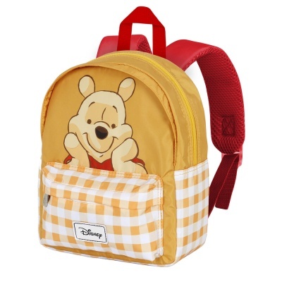 Mochila infantil amarela com padrão quadriculado e desenho do Winnie the Pooh