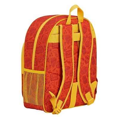 Mochila vermelha e amarela com padrão e bolso lateral em rede