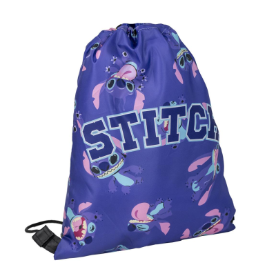 Mochila saco roxa com padrão do personagem Stitch e texto STITCH